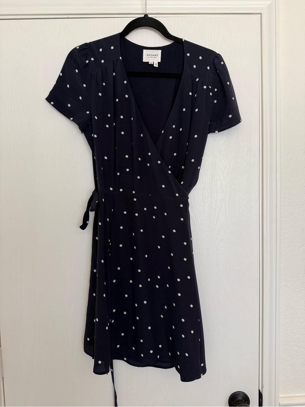 Sezane Anastasia Silk Wrap Dress Navy and White Polka Dot Mini Dress 38 - Picture 2 of 14